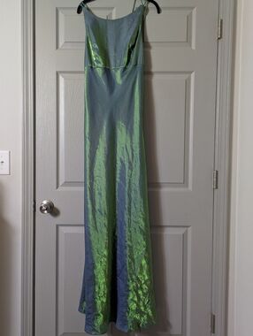 Vintage 90s Shimmering Iridescent Slip Dress in Blue-Green Size 13/14
